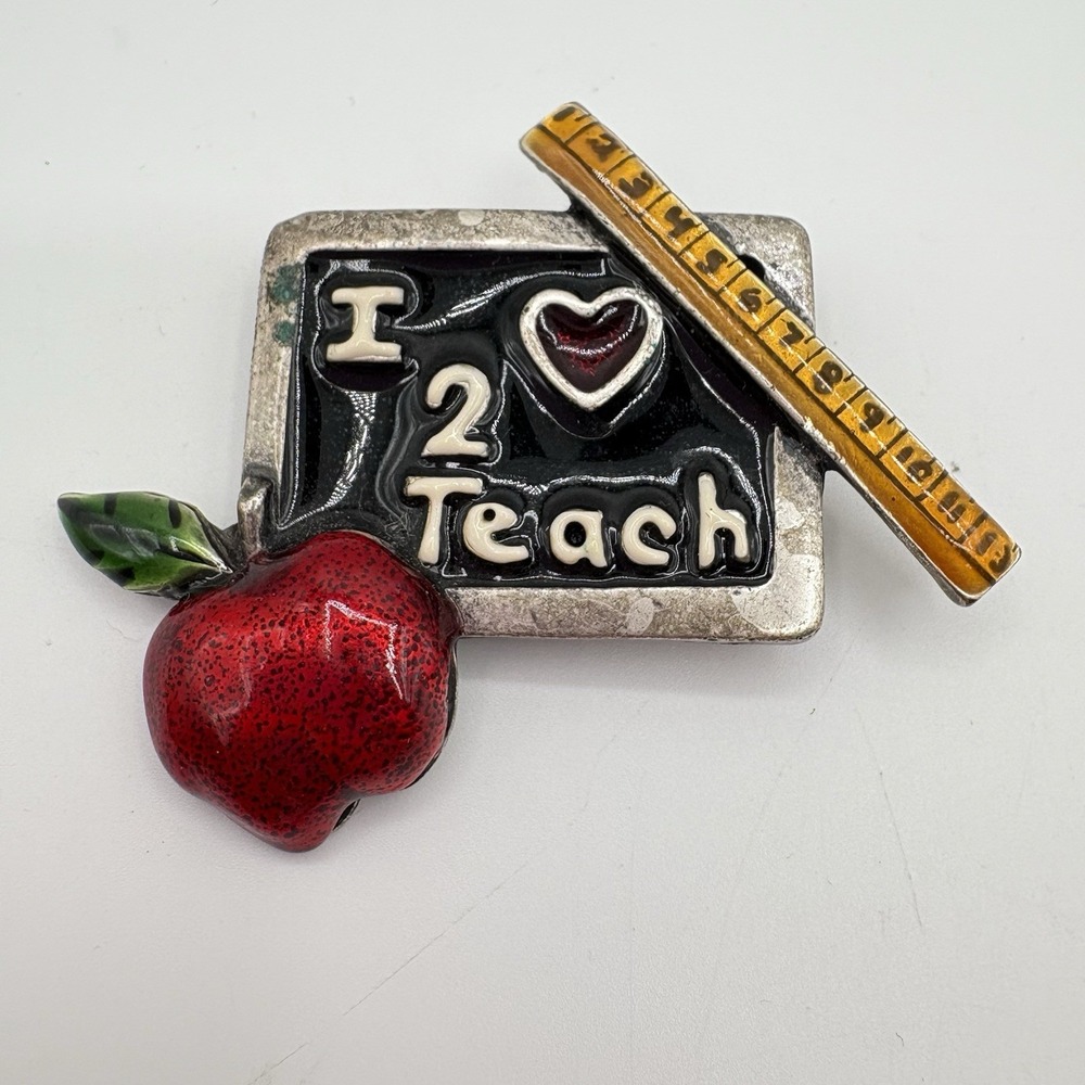 Vintage Teacherβ Brooch Pin Apple Ruler Chalkboard "I Love 2 Teach" Enamel Gift